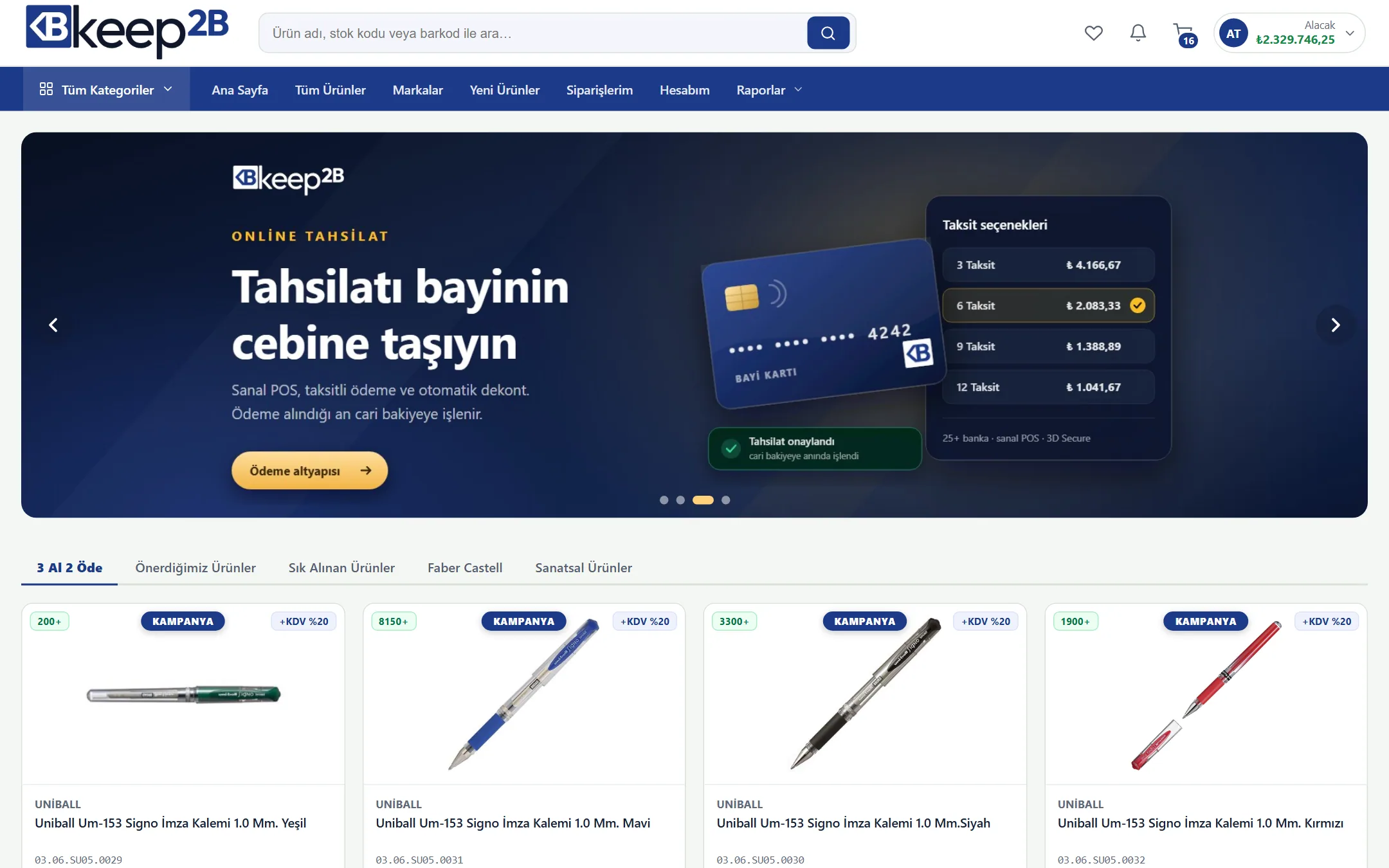 Keep2B bayi paneli ana ekranı
