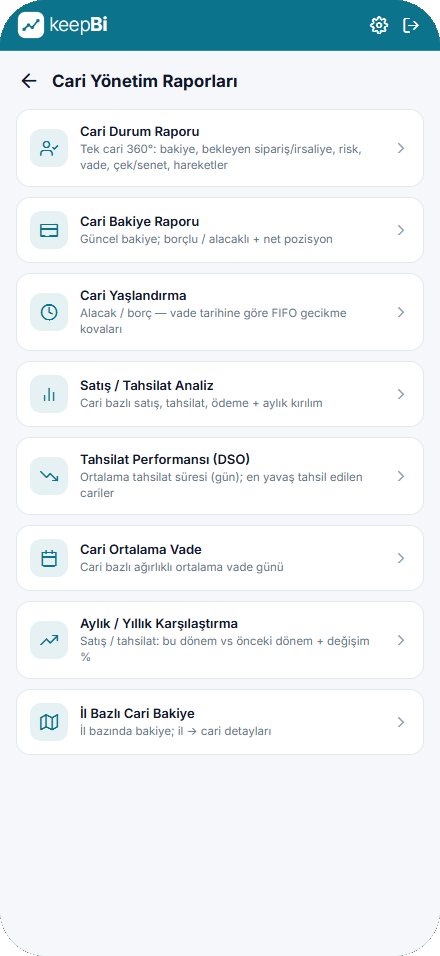 KeepBi Cari Yönetim Raporları