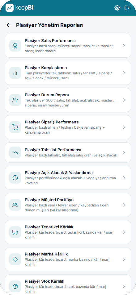 KeepBi Plasiyer Yönetim Raporları