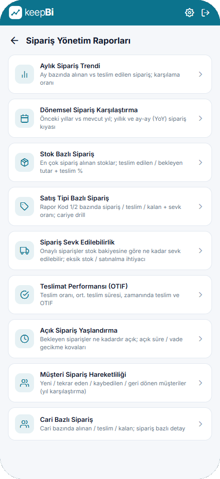 KeepBi Sipariş Yönetim Raporları