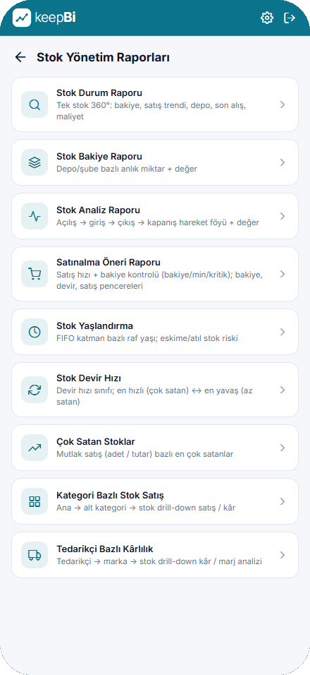 KeepBi Stok Yönetim Raporları