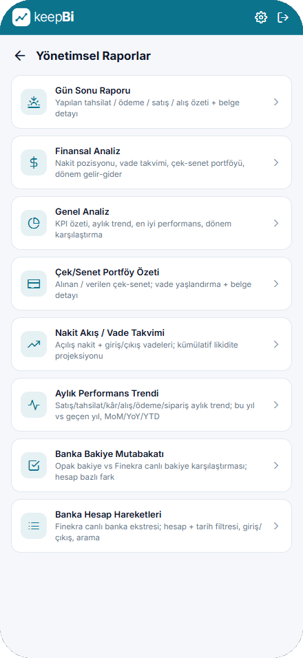 KeepBi Yönetimsel Raporlar ekranı