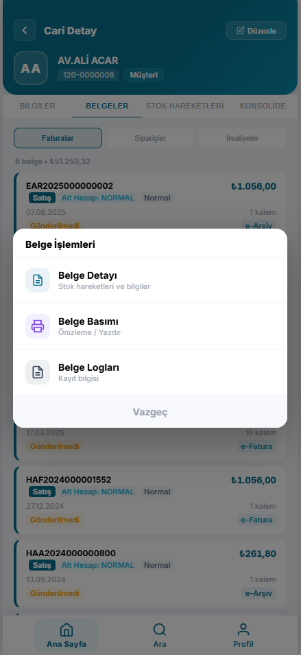 KeepMobile Cari Belge Detayı