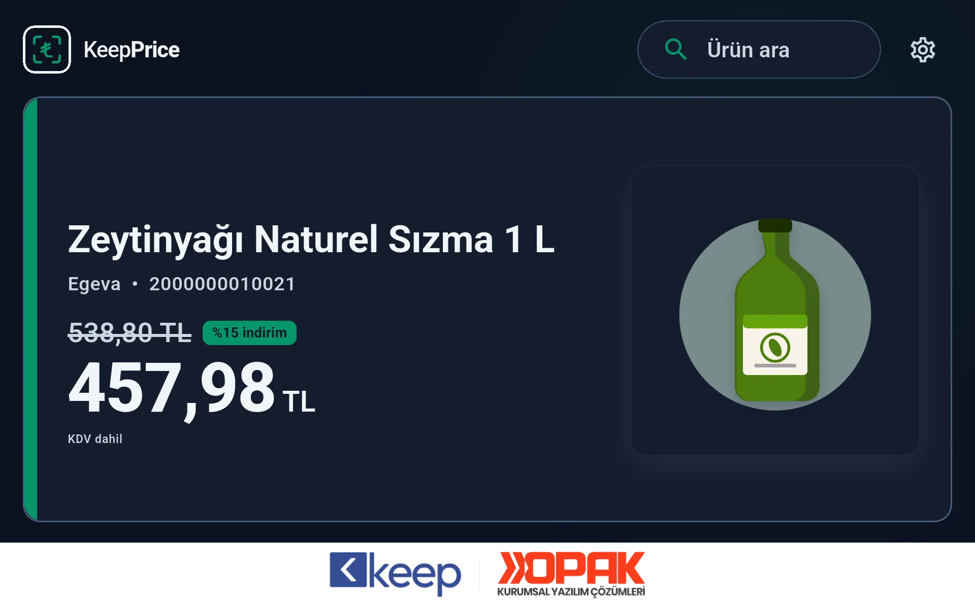 KeepPrice Koyu tema ekranı