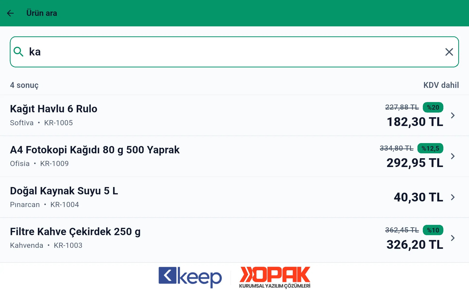 KeepPrice Ürün arama ekranı