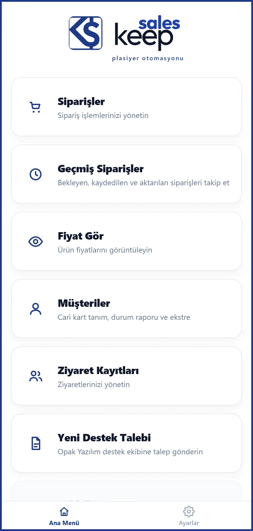 KeepSales ana menü ekranı