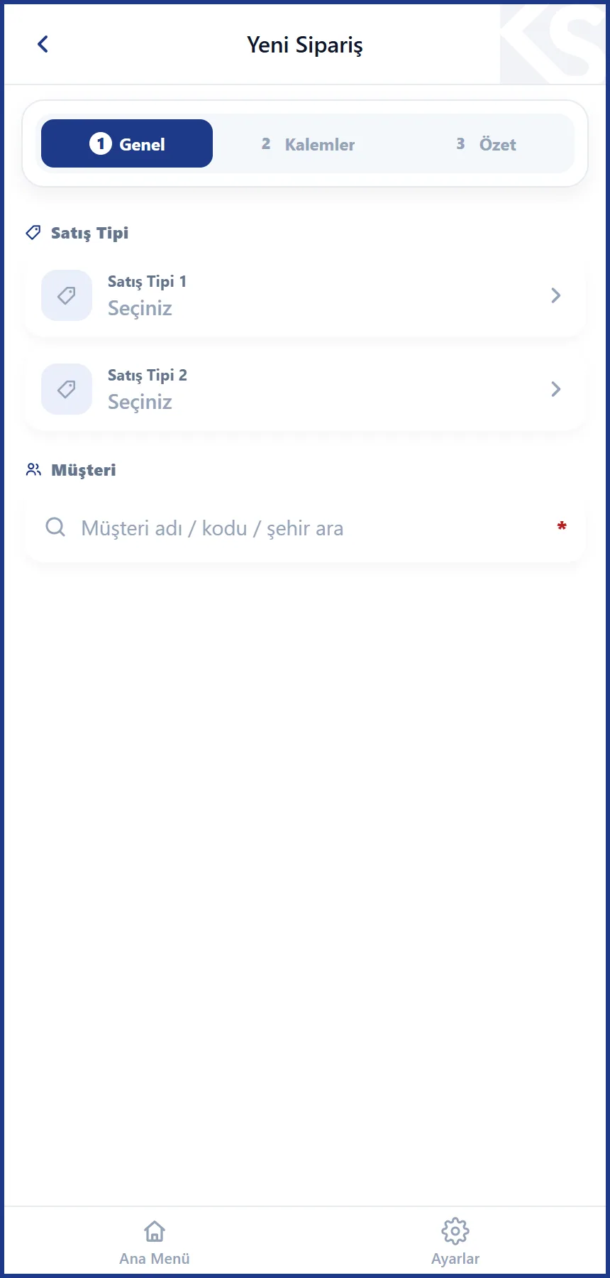 KeepSales Yeni sipariş ekranı
