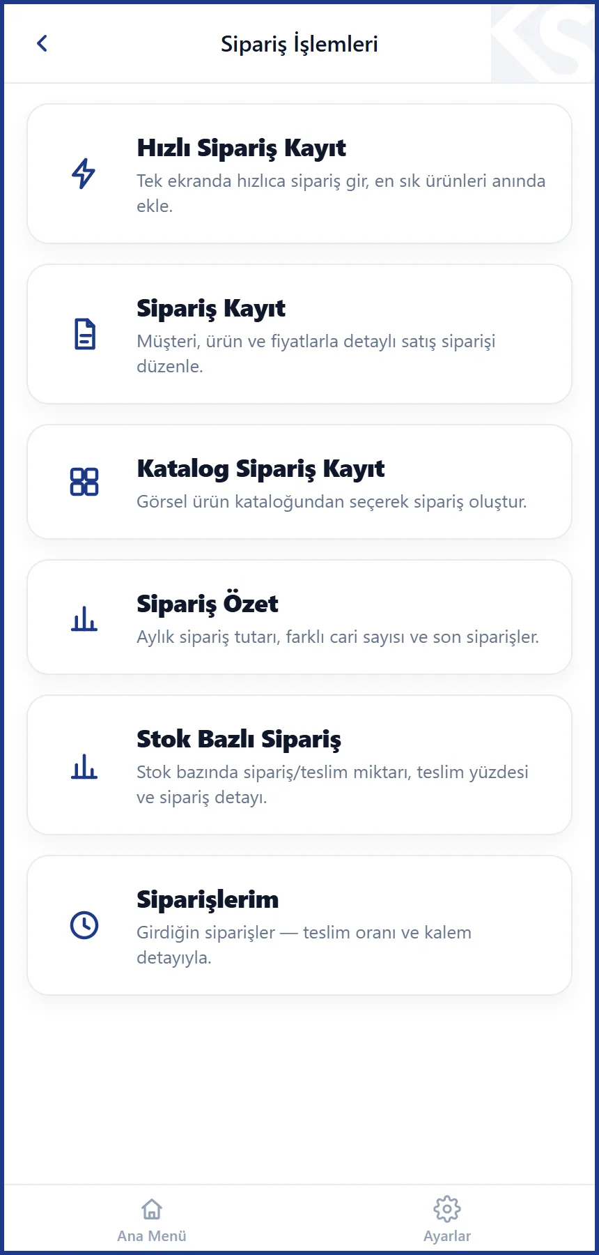 KeepSales Sipariş işlemleri ekranı