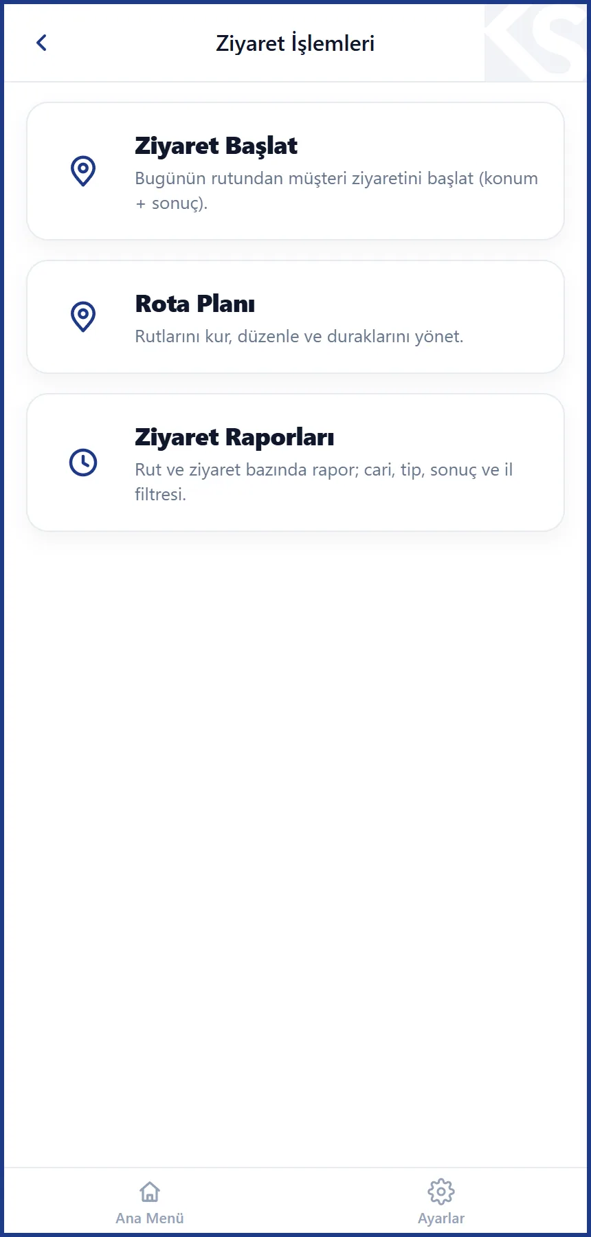 KeepSales Ziyaret işlemleri ekranı